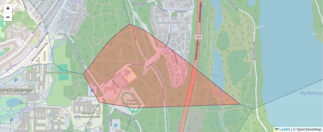 Karta över postnummerområdet  och angränsande postnummer i Sverige