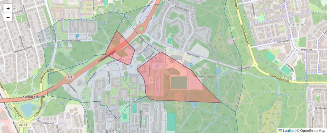 Karta över postnummerområdet  och angränsande postnummer i Sverige
