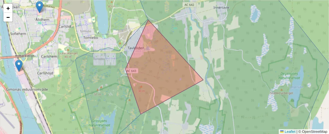 Karta över postnummerområdet  och angränsande postnummer i Sverige