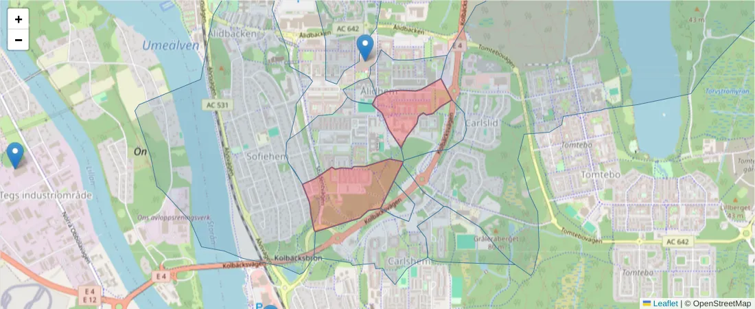 Karta över postnummerområdet  och angränsande postnummer i Sverige