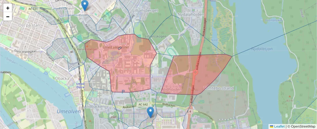 Karta över postnummerområdet  och angränsande postnummer i Sverige