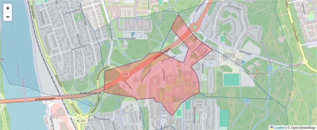 Karta över postnummerområdet  och angränsande postnummer i Sverige
