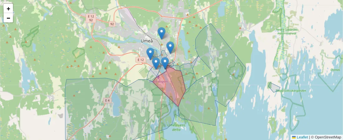 Karta över postnummerområdet  och angränsande postnummer i Sverige