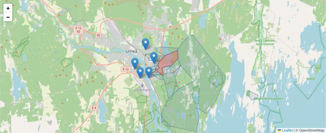 Karta över postnummerområdet  och angränsande postnummer i Sverige