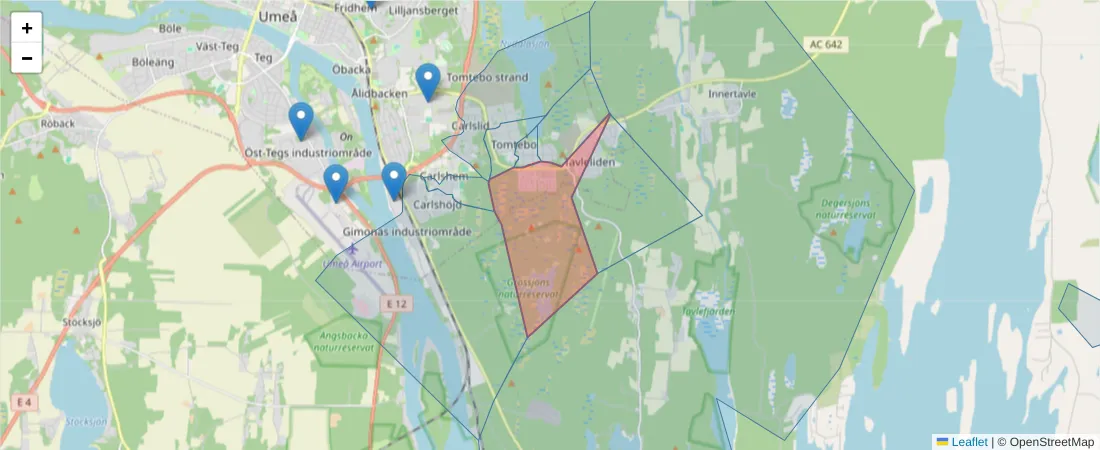 Karta över postnummerområdet  och angränsande postnummer i Sverige