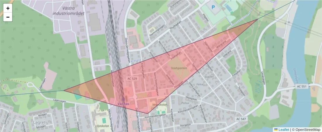 Karta över postnummerområdet  och angränsande postnummer i Sverige
