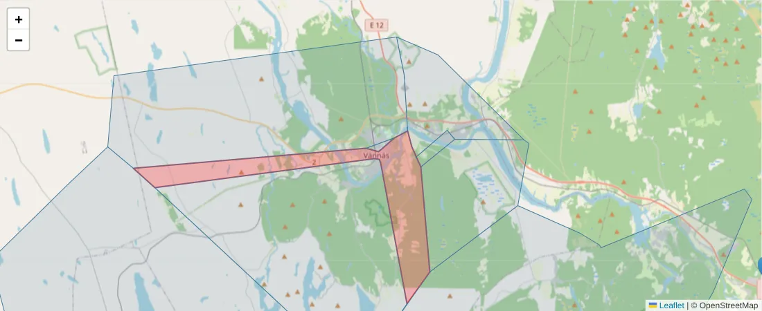 Karta över postnummerområdet  och angränsande postnummer i Sverige