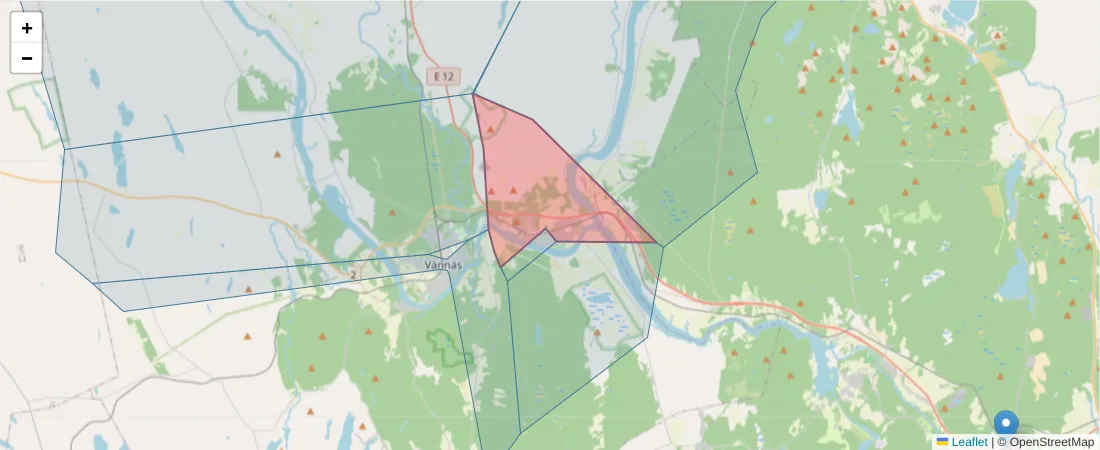 Karta över postnummerområdet  och angränsande postnummer i Sverige