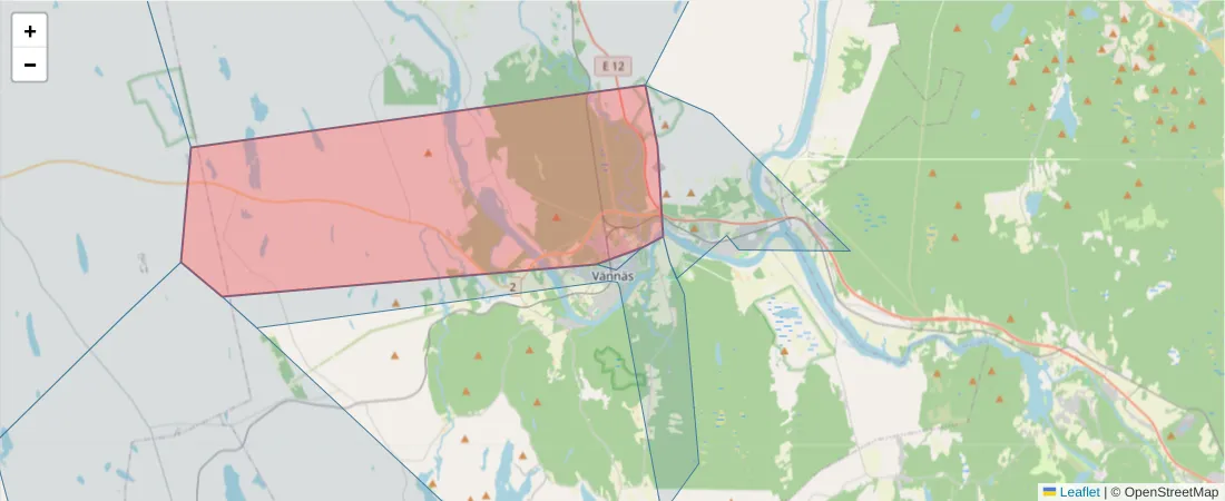 Karta över postnummerområdet  och angränsande postnummer i Sverige