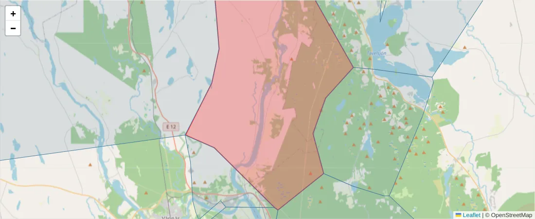 Karta över postnummerområdet  och angränsande postnummer i Sverige