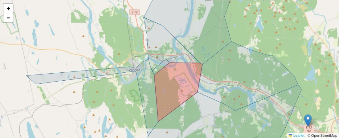 Karta över postnummerområdet  och angränsande postnummer i Sverige