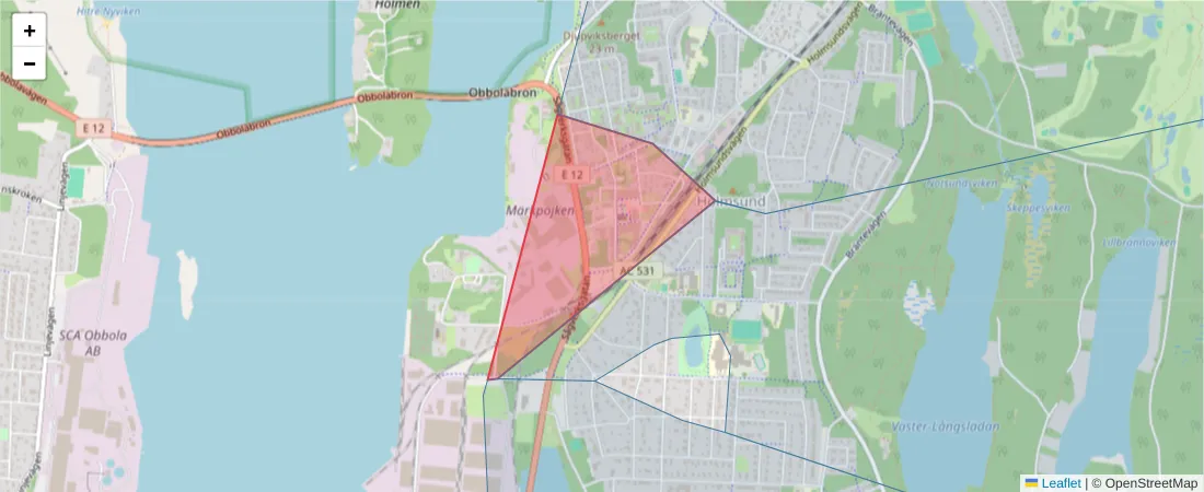Karta över postnummerområdet  och angränsande postnummer i Sverige