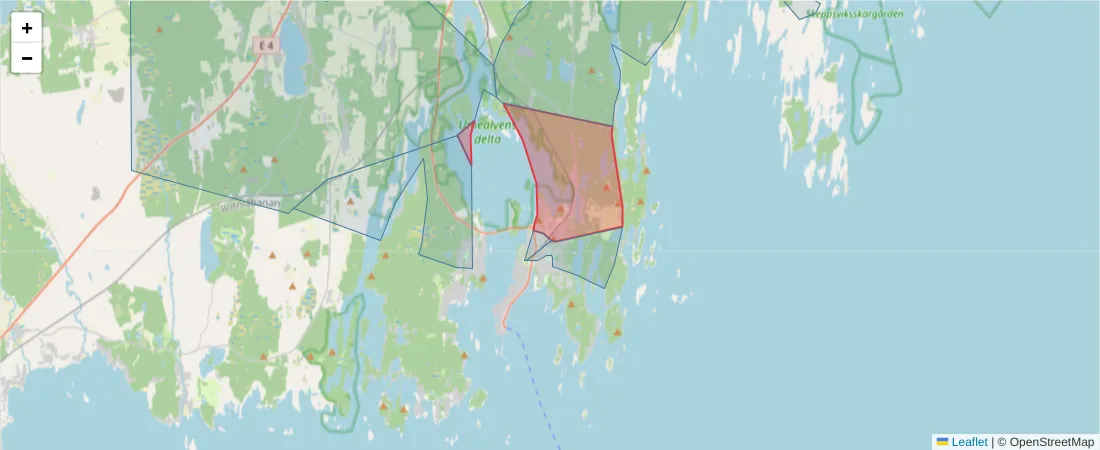 Karta över postnummerområdet  och angränsande postnummer i Sverige