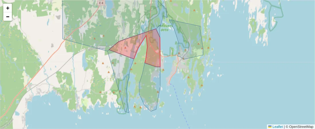 Karta över postnummerområdet  och angränsande postnummer i Sverige