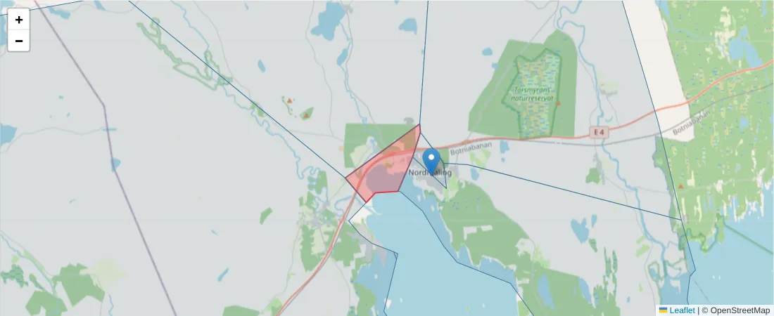 Karta över postnummerområdet  och angränsande postnummer i Sverige