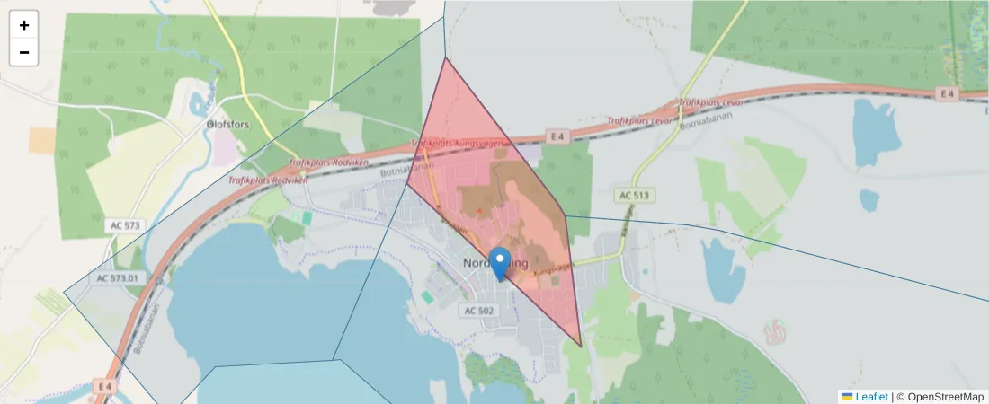 Karta över postnummerområdet  och angränsande postnummer i Sverige