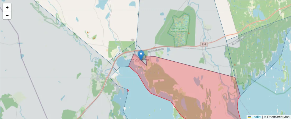 Karta över postnummerområdet  och angränsande postnummer i Sverige