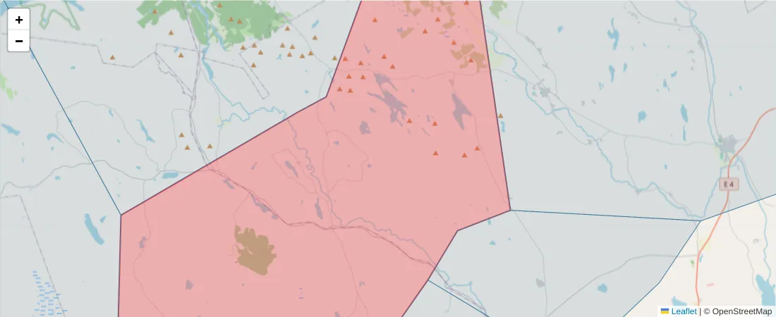 Karta över postnummerområdet  och angränsande postnummer i Sverige