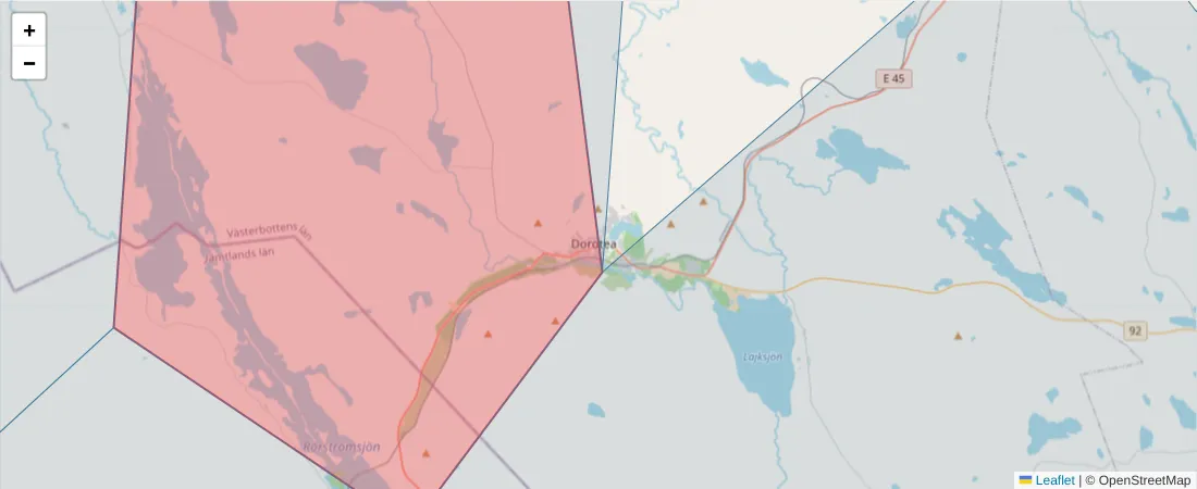 Karta över postnummerområdet  och angränsande postnummer i Sverige