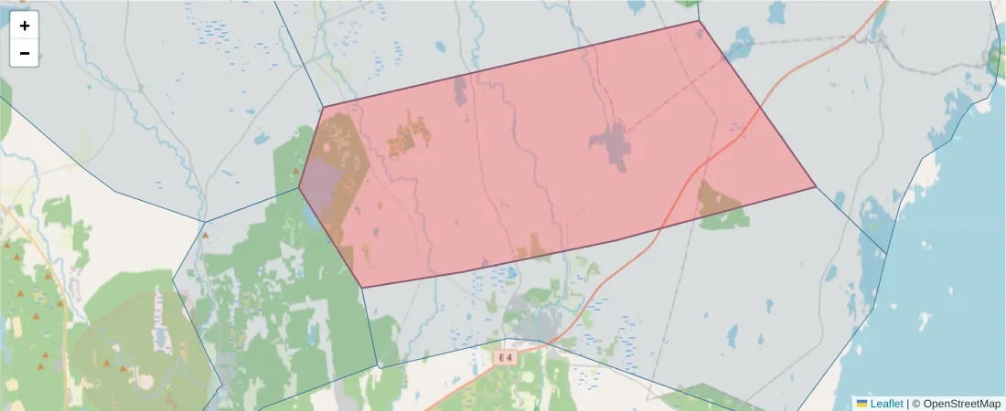 Karta över postnummerområdet  och angränsande postnummer i Sverige