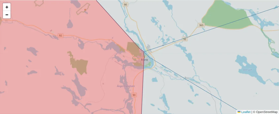 Karta över postnummerområdet  och angränsande postnummer i Sverige