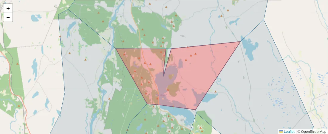Karta över postnummerområdet  och angränsande postnummer i Sverige
