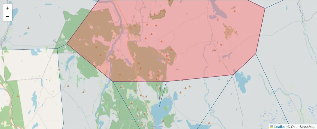 Karta över postnummerområdet  och angränsande postnummer i Sverige