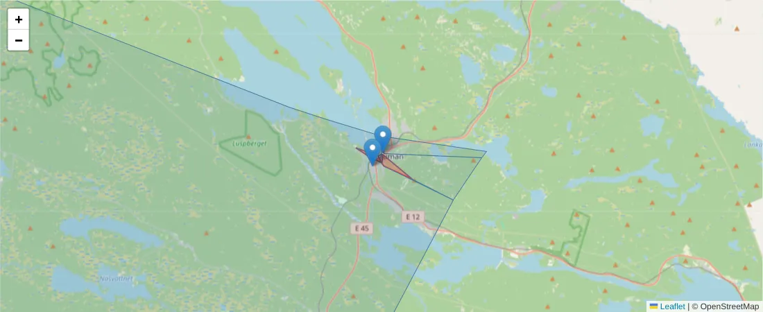 Karta över postnummerområdet  och angränsande postnummer i Sverige