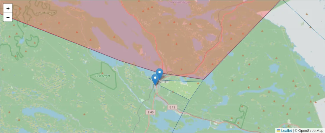 Karta över postnummerområdet  och angränsande postnummer i Sverige