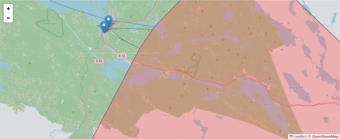 Karta över postnummerområdet  och angränsande postnummer i Sverige