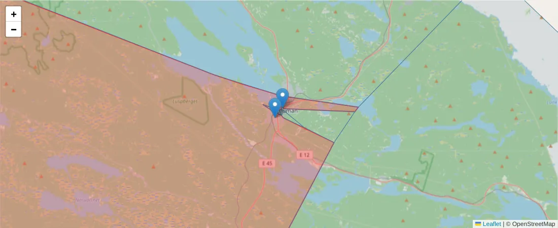 Karta över postnummerområdet  och angränsande postnummer i Sverige