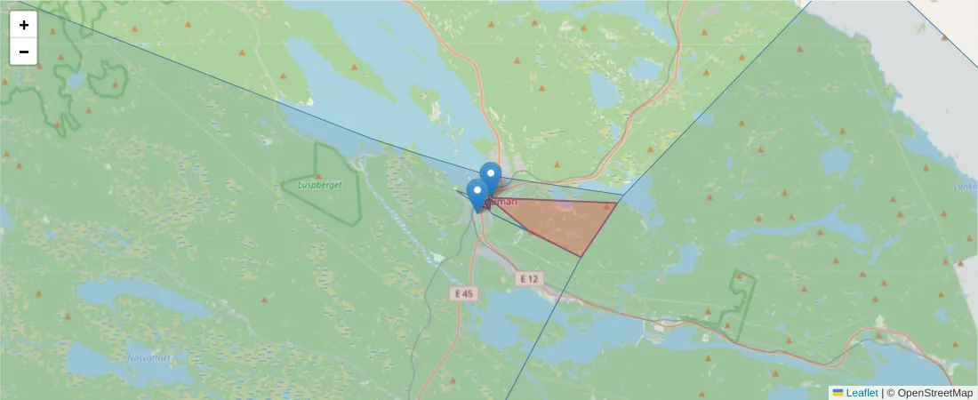 Karta över postnummerområdet  och angränsande postnummer i Sverige