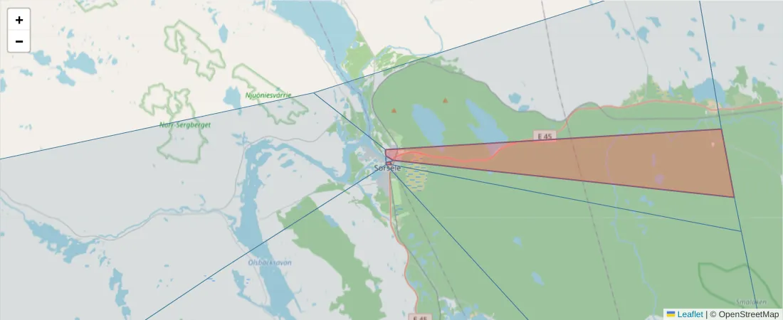 Karta över postnummerområdet  och angränsande postnummer i Sverige