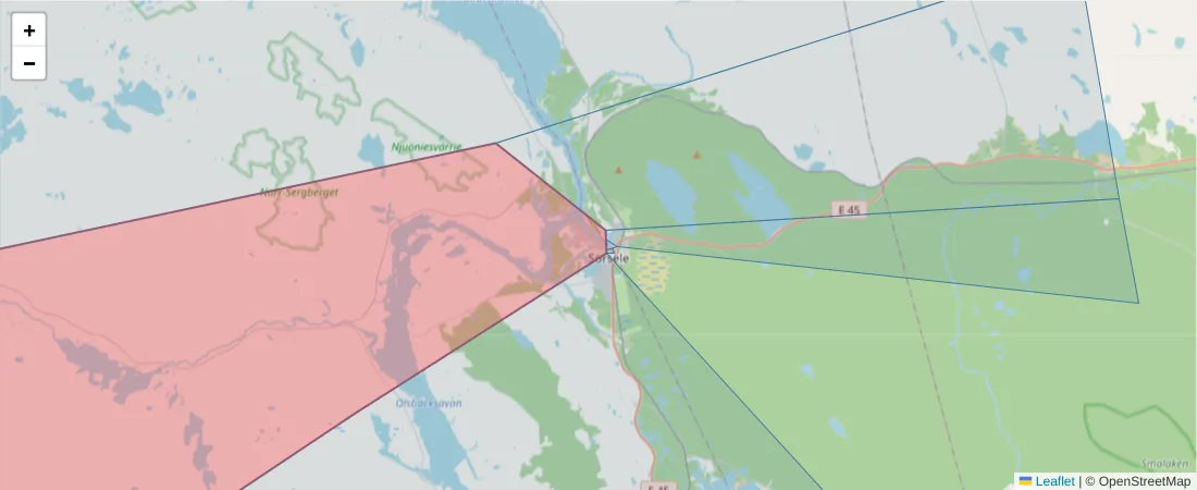 Karta över postnummerområdet  och angränsande postnummer i Sverige