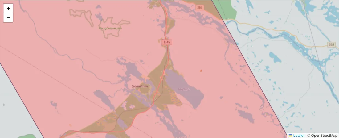 Karta över postnummerområdet  och angränsande postnummer i Sverige