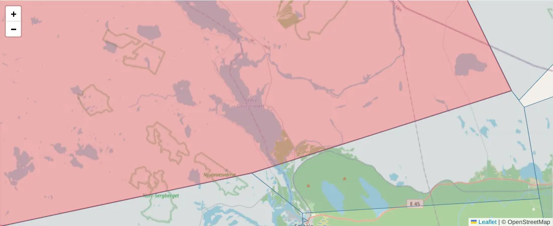 Karta över postnummerområdet  och angränsande postnummer i Sverige