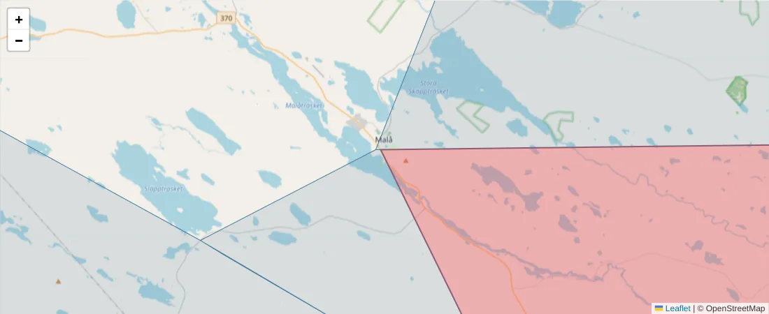Karta över postnummerområdet  och angränsande postnummer i Sverige