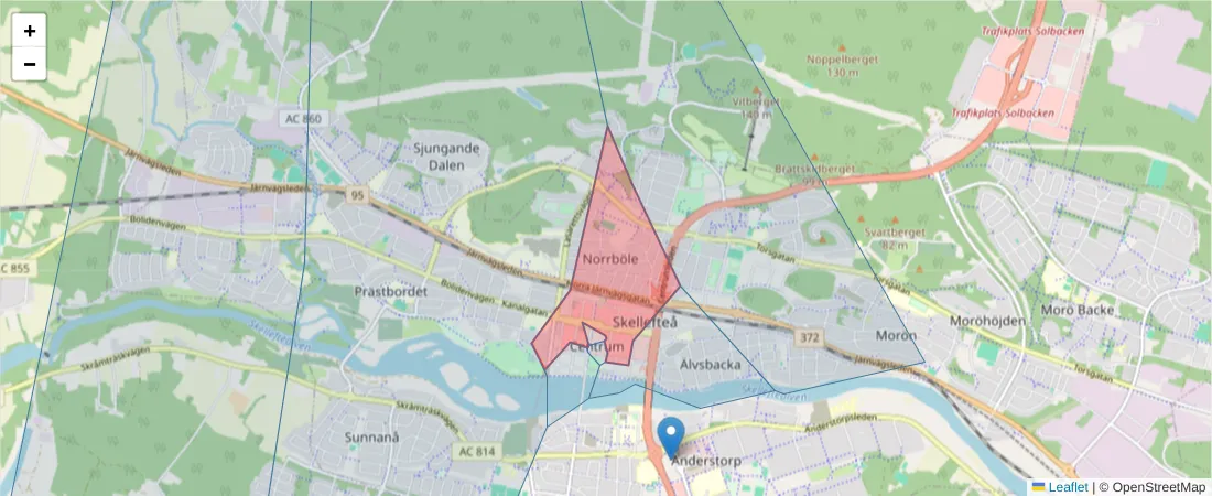 Karta över postnummerområdet  och angränsande postnummer i Sverige