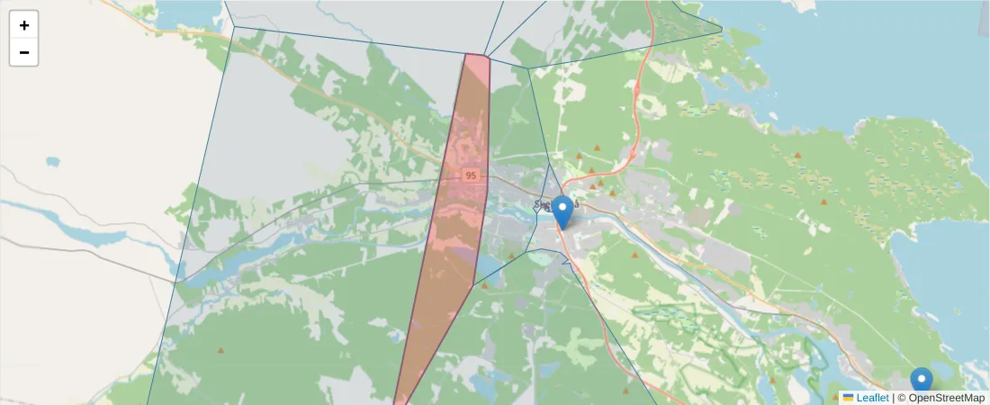 Karta över postnummerområdet  och angränsande postnummer i Sverige