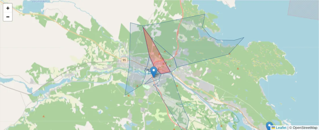 Karta över postnummerområdet  och angränsande postnummer i Sverige