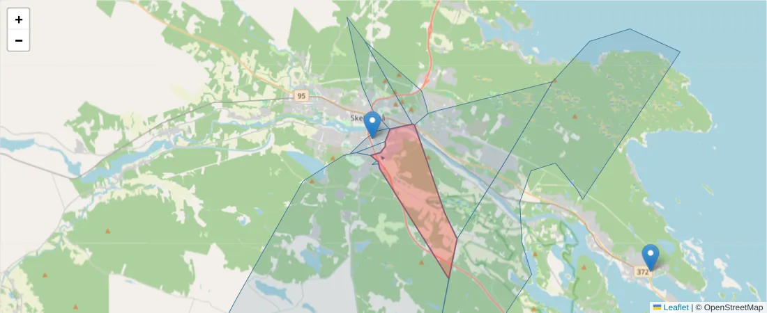 Karta över postnummerområdet  och angränsande postnummer i Sverige