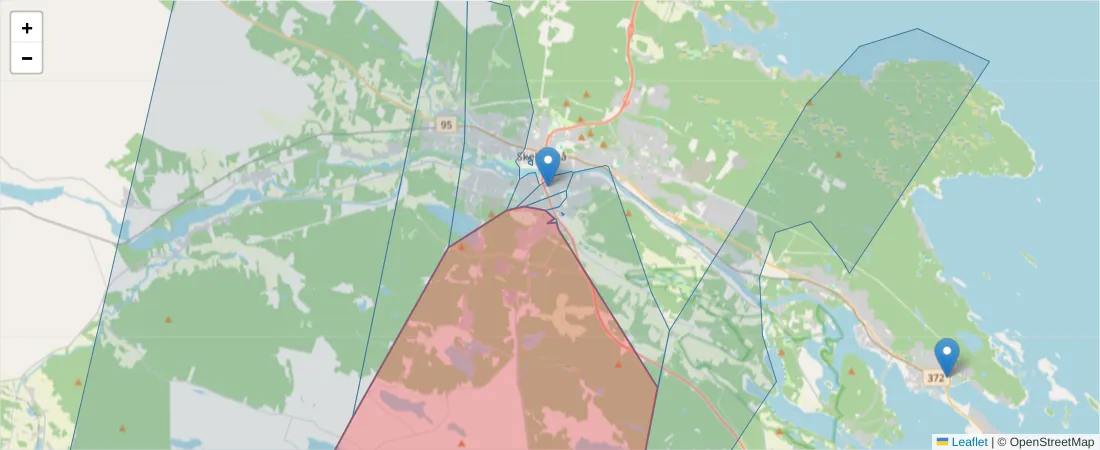 Karta över postnummerområdet  och angränsande postnummer i Sverige