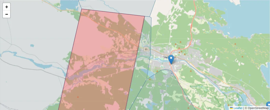 Karta över postnummerområdet  och angränsande postnummer i Sverige