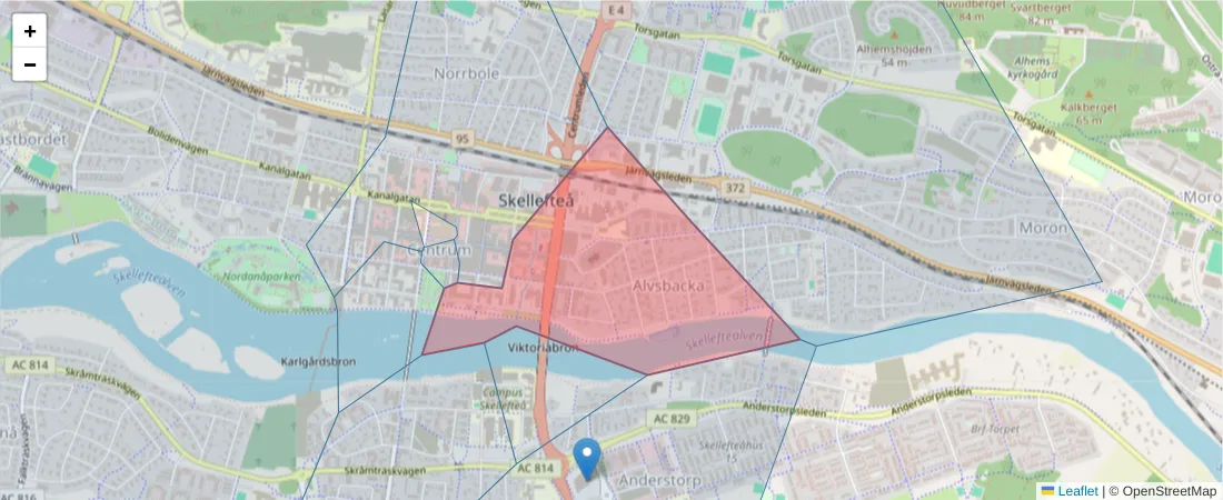 Karta över postnummerområdet  och angränsande postnummer i Sverige