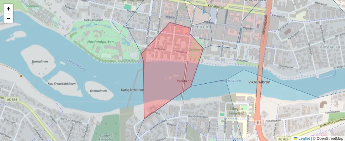 Karta över postnummerområdet  och angränsande postnummer i Sverige