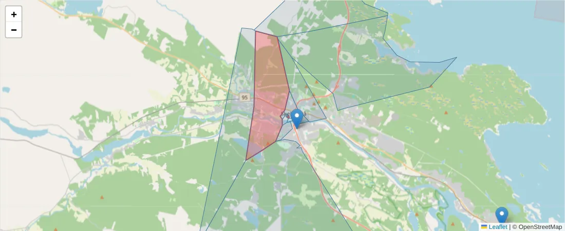 Karta över postnummerområdet  och angränsande postnummer i Sverige