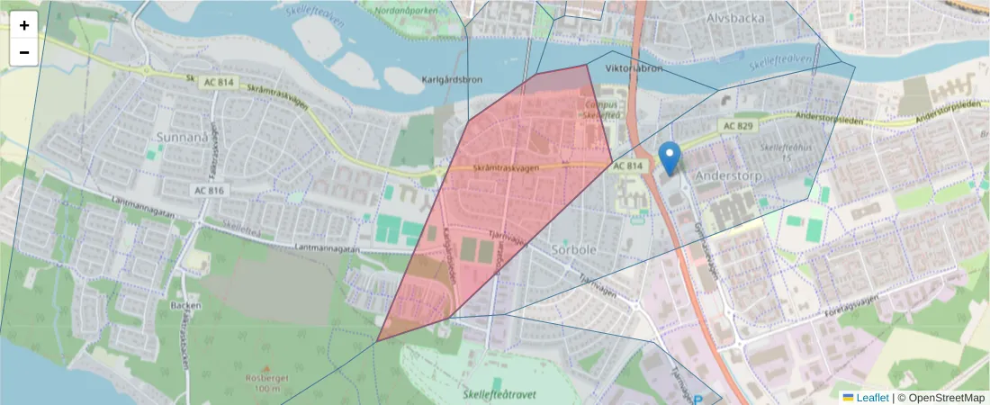 Karta över postnummerområdet  och angränsande postnummer i Sverige