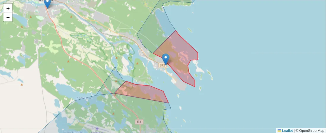 Karta över postnummerområdet  och angränsande postnummer i Sverige