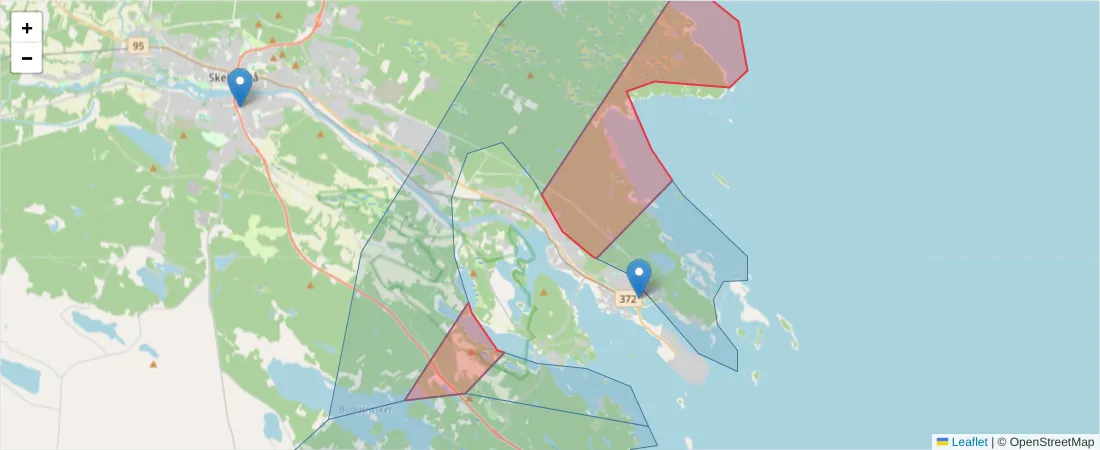 Karta över postnummerområdet  och angränsande postnummer i Sverige
