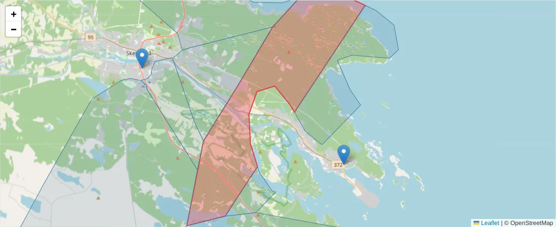Karta över postnummerområdet  och angränsande postnummer i Sverige